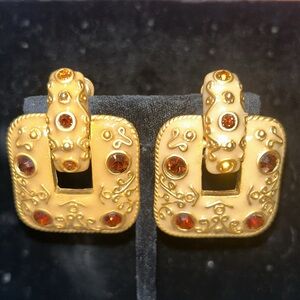Vintage Blanca Designer Knocker Enamel & Smoky Topaz Crystals Earrings-Boutique